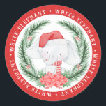 White Elephant Christmas Classic Round Sticker<br><div class="desc">This cute White Elephant sticker features a watercolor elephant peeking out from a Christmas wreath. The words "white elephant" are written in white all around the outer edge on a red background.</div>