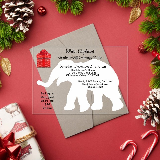 White Elephant Christmas Diamond Pattern Back Acrylic Invitations (Insitu (Holiday))