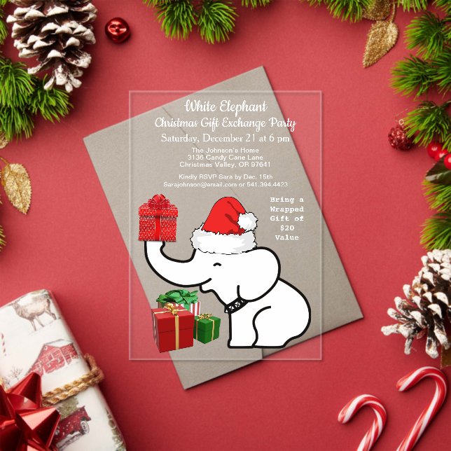 White Elephant Christmas Gift Exchange Party Acrylic Invitations (Insitu (Holiday))