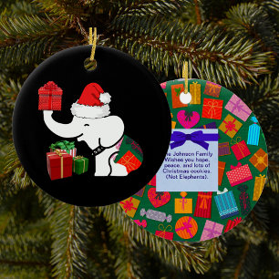 White Elephant Christmas & Present Pattern Ceramic Tree Decoration