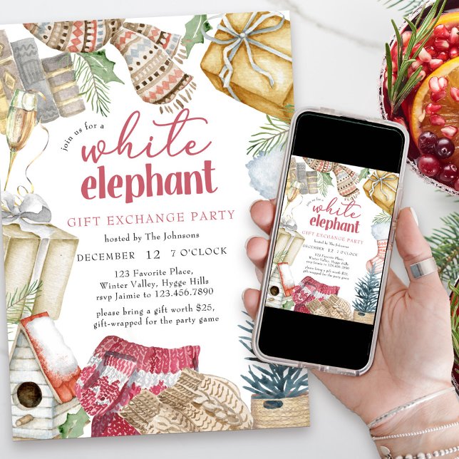 White Elephant Cosy Christmas Gift Exchange Party Invitation (White elephant gift exchange party invitation)