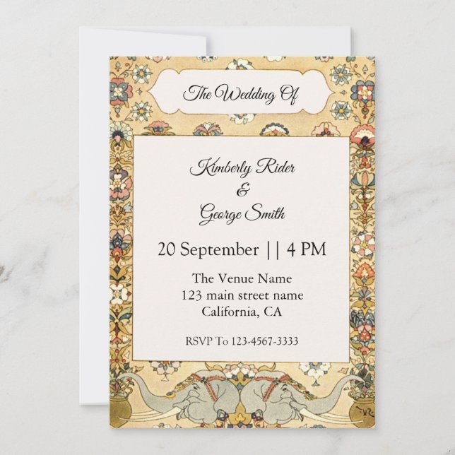 White Elephant On Indian Frame Wedding Invitation (Front)