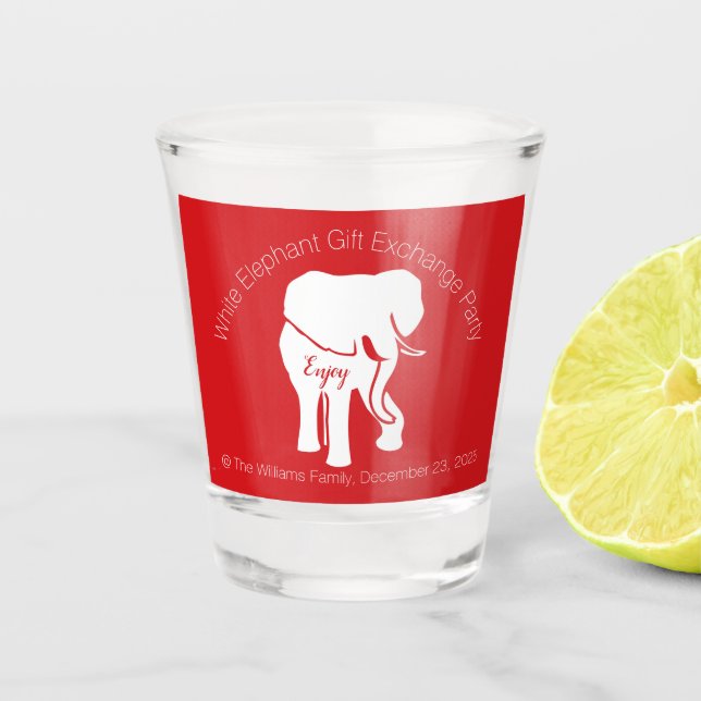 White Elephant on Red Background Custom Text Shot Glass (Front)