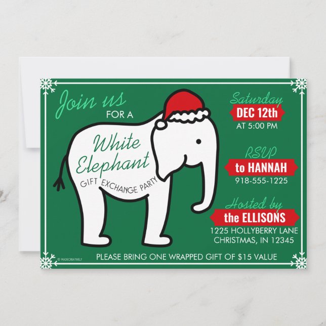 White Elephant Party Christmas (Green) Invitation (Front)