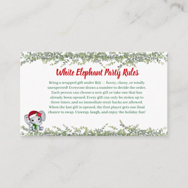 White Elephant Party Rules Card | Funny & Elegant  (Front)