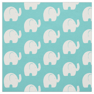 White Elephant Pattern Aqua Fabric