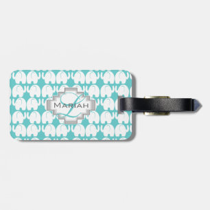 White Elephant Pattern Aqua Monogram Luggage Tag