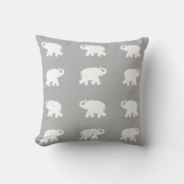 White elephant pattern on light grey cushion (Front)