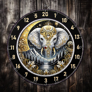 White Elephant Shines Beneath Golden Moon Dartboard