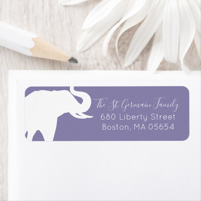White Elephant Silhouette Return Address Purple (Insitu)