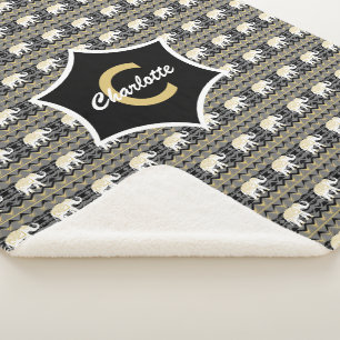White Elephant Tribal Pattern Black Gold Monogram Sherpa Blanket