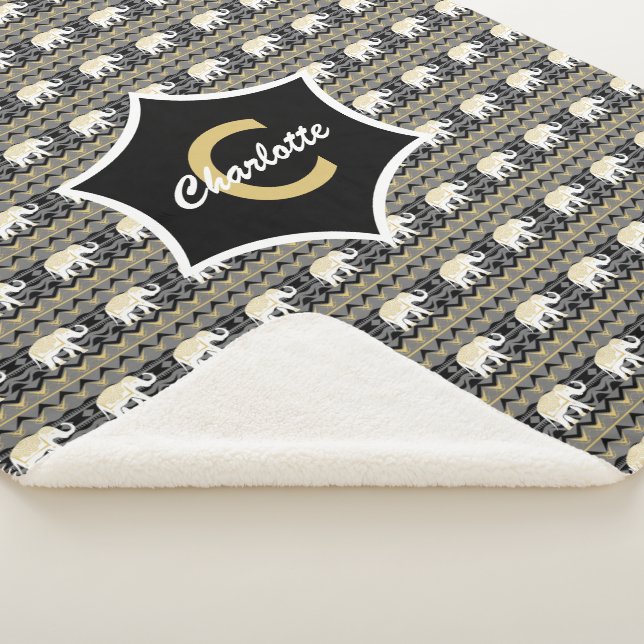 White Elephant Tribal Pattern Black Gold Monogram Sherpa Blanket (3/4)
