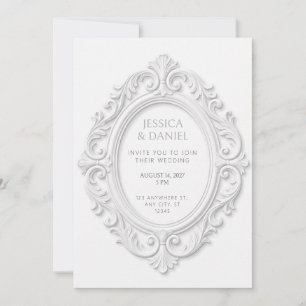 White Embossed Rococo Oval Medallion Frame Invitation