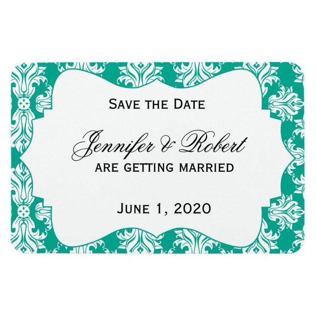 White Emerald Green Damask Wedding Save the Date Magnet (Horizontal)