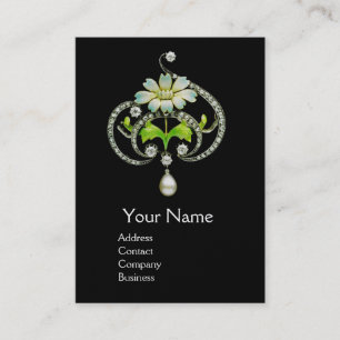 WHITE ENAMEL FLOWER ,PEARLS AND DIAMONDS JEWEL BUSINESS CARD