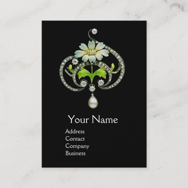 WHITE ENAMEL FLOWER ,PEARLS AND DIAMONDS JEWEL BUSINESS CARD (Front)