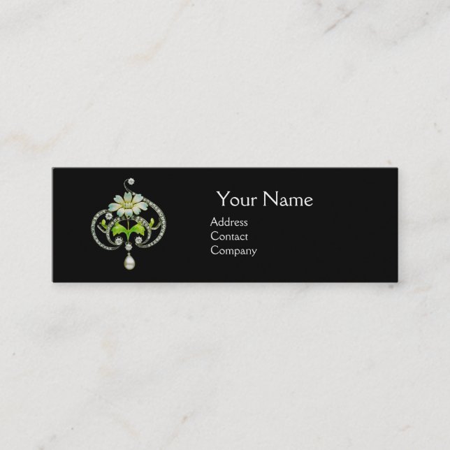 WHITE ENAMEL FLOWER ,PEARLS AND DIAMONDS JEWEL MINI BUSINESS CARD (Front)