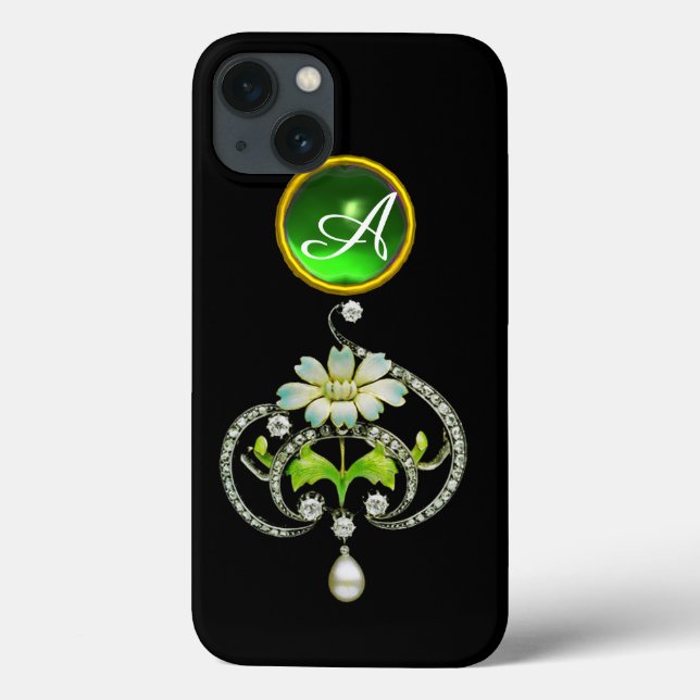 WHITE ENAMEL FLOWER, PEARLS AND DIAMONDS MONOGRAM Case-Mate iPhone CASE (Back)