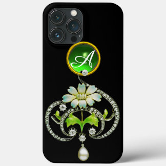 WHITE ENAMEL FLOWER, PEARLS AND DIAMONDS MONOGRAM iPhone 13 PRO MAX CASE