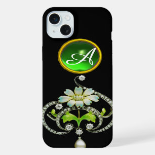 WHITE ENAMEL FLOWER, PEARLS AND DIAMONDS MONOGRAM iPhone 15 PLUS CASE
