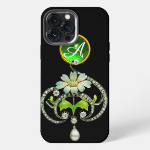WHITE ENAMEL FLOWER, PEARLS AND DIAMONDS MONOGRAM iPhone 13 PRO MAX CASE