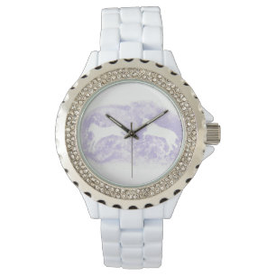 White Enamel Watch with Lavender Horse Art