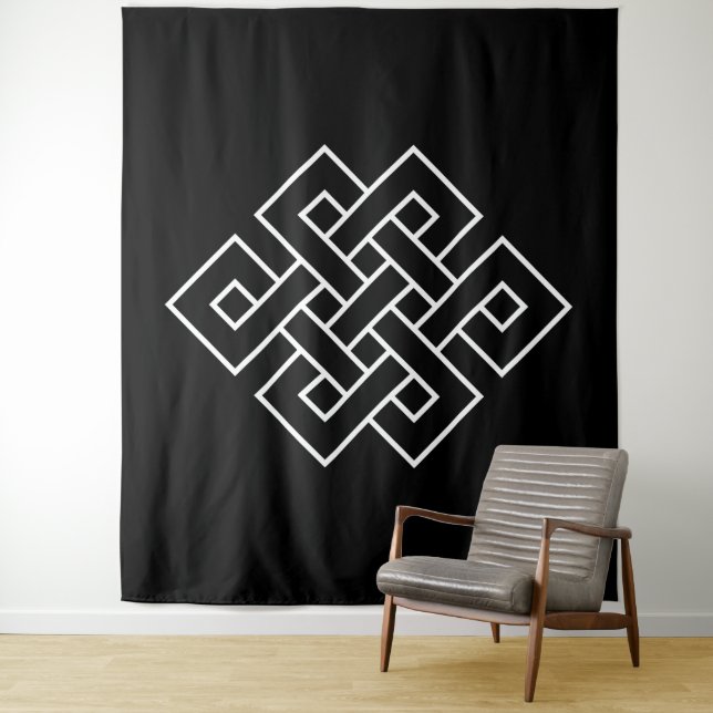 White Endless Knot Symbol on Black Tapestry (In Situ)