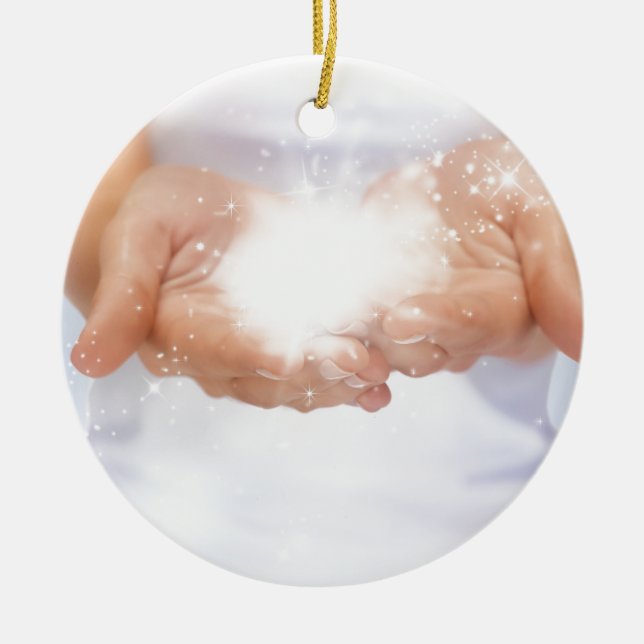 white energy healing hands reiki healer shaman ceramic tree decoration (Front)