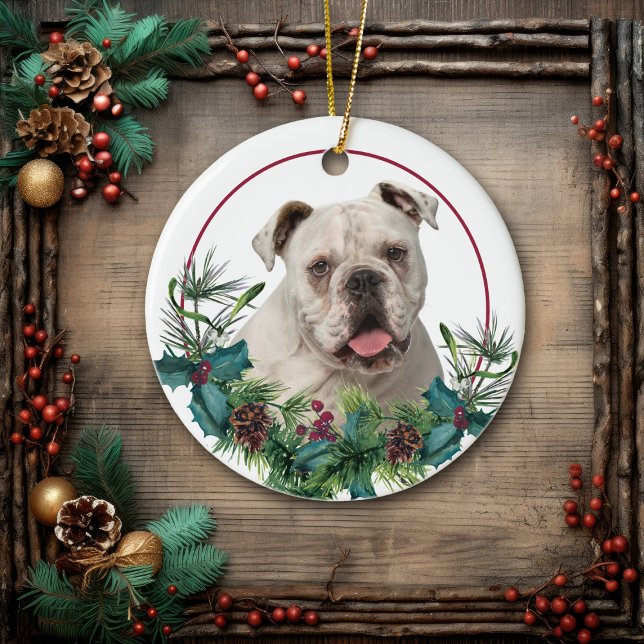White English Bulldog Evergreen Wreath Ceramic Tree Decoration (Creator Uploaded)