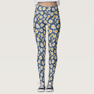 White English Daisies on Blue Leggings