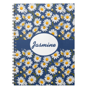 White English Daisies on Blue Notebook
