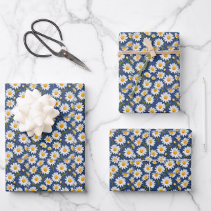 White English Daisies on Dark Blue Wrapping Paper Sheet