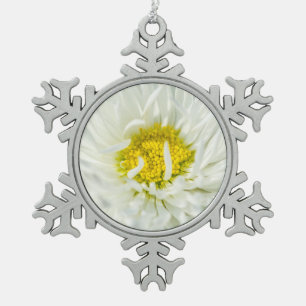 White English Daisy Flower Snowflake Pewter Christmas Ornament