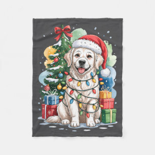 White English Golden Retriever Santa Hat Christmas Fleece Blanket