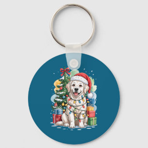 White English Golden Retriever Santa Hat Christmas Key Ring