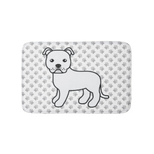 White English Staffie Cute Cartoon Dog & Paws Bath Mat