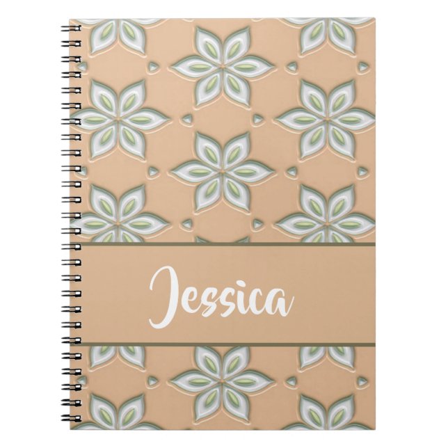 White engraved flowers on tan notebook (Front)
