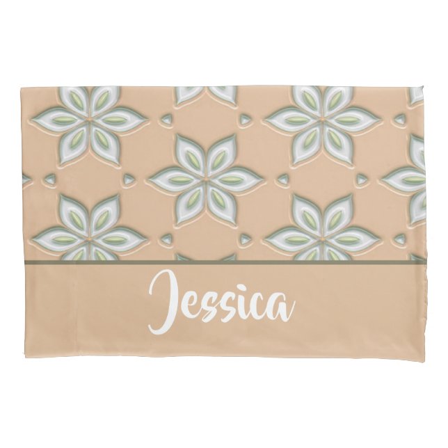 White engraved flowers on tan pillowcase (Front)