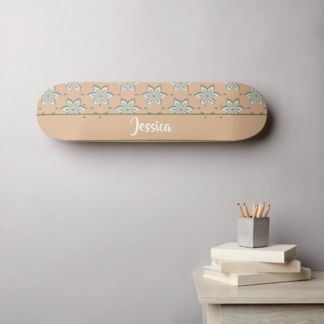 White engraved flowers on tan skateboard (Wall Art (Horz))