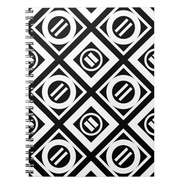 White Equal Sign Geometric Pattern on Black Spiral Notebook (Front)