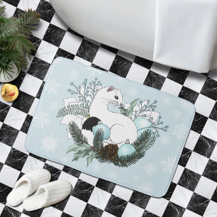 White Ermine Blue Christmas Snowflakes Bath Mat