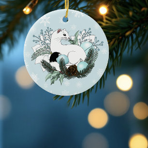 White Ermine Blue Christmas Snowflakes Ceramic Tree Decoration