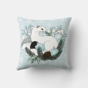White Ermine Blue Christmas Snowflakes  Cushion