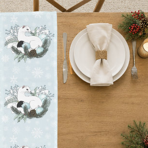 White Ermine Blue Christmas Snowflakes Long Table Runner