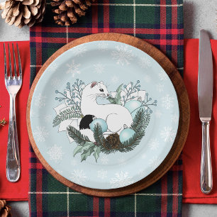 White Ermine Blue Christmas Snowflakes Paper Plate