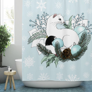 White Ermine Blue Christmas Snowflakes Shower Curtain