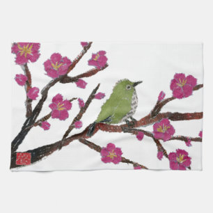 White Eye, Plum Tree, Bird Tea Towel