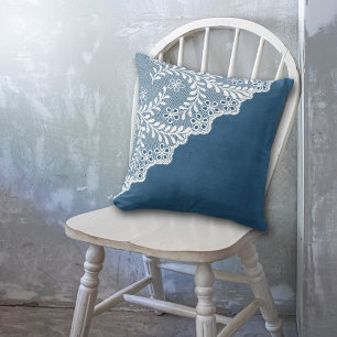 White Eyelet Faux Lace Corner on Blue Cushion