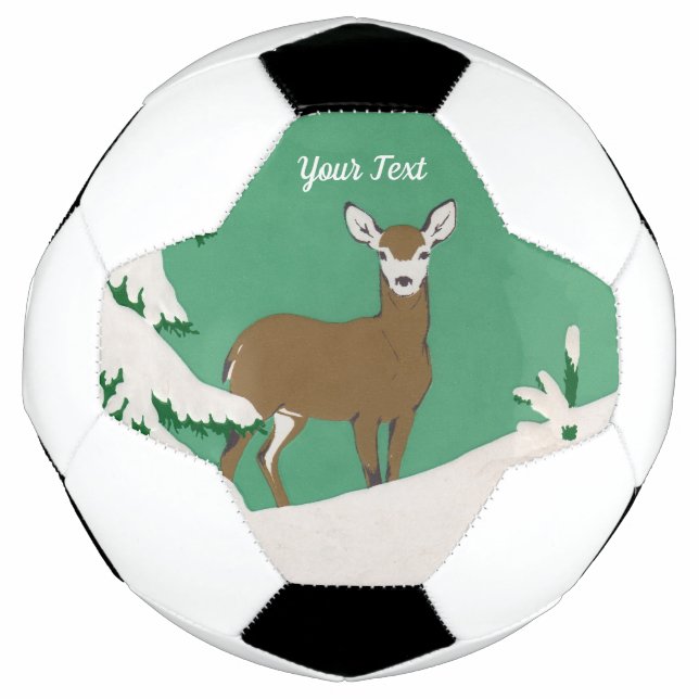 White Faced Female Brown Deer Pine Tree Snow Green Soccer Ball (Front)