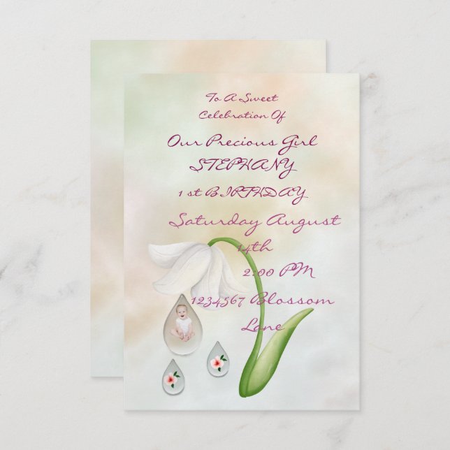 White Fairy droplets 1 st birthday card  (Front/Back)
